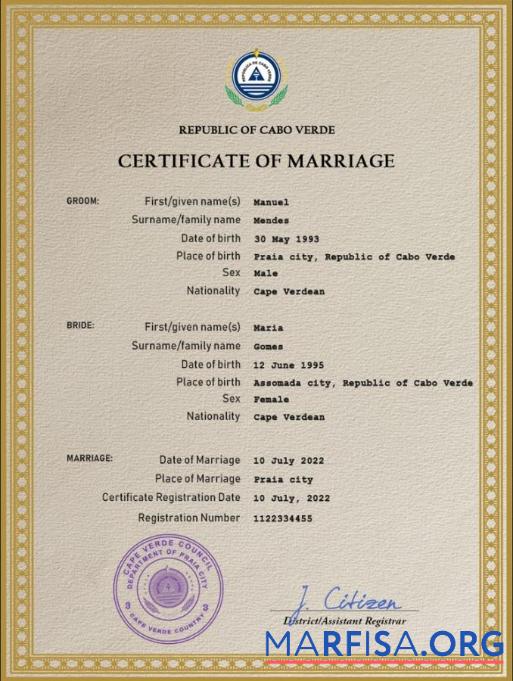 Downloadable Cabo Verde marriage certificate PSD template
